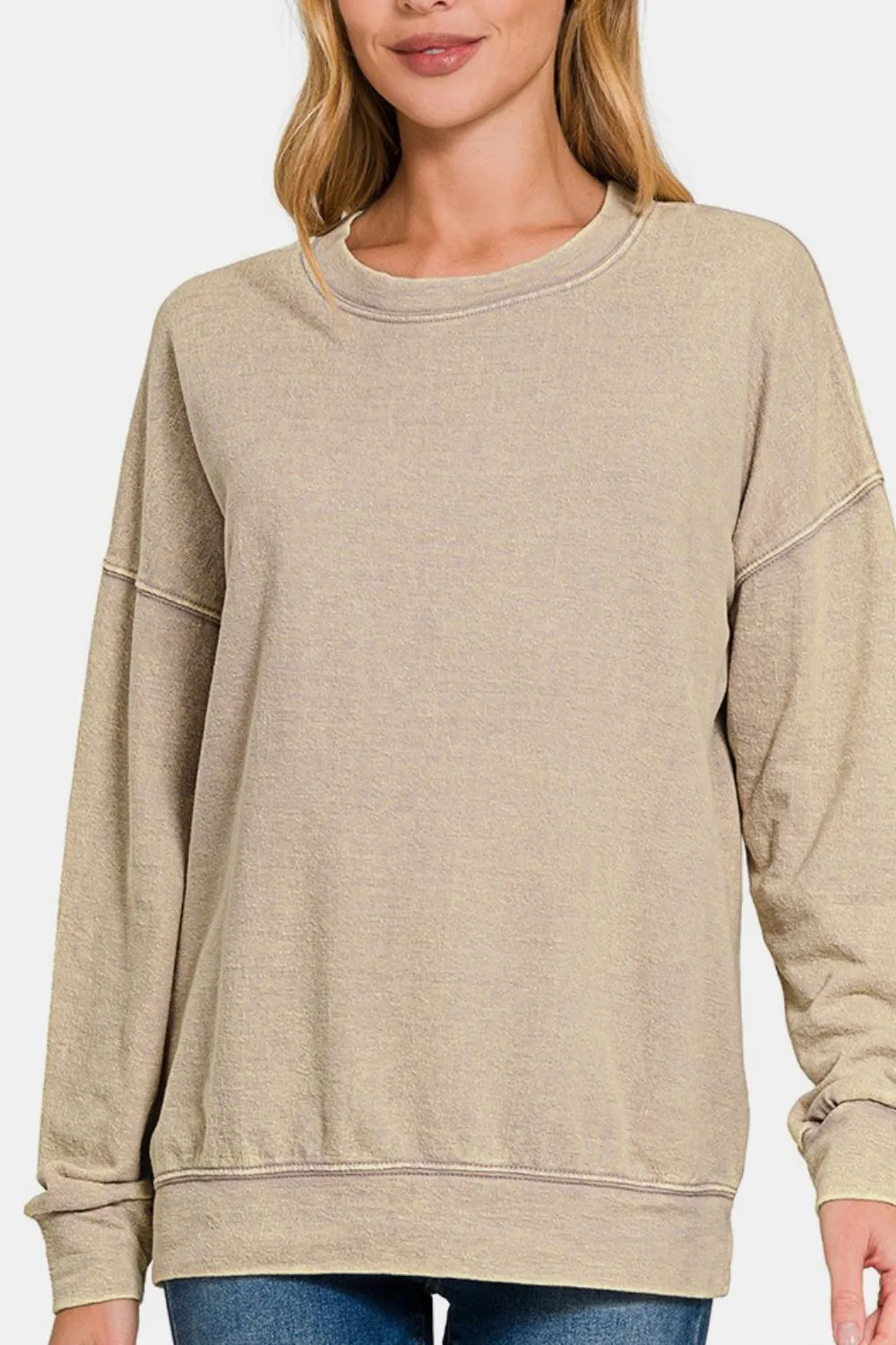 Khaki Round Neck Dropped Shoulder Sweatshirt