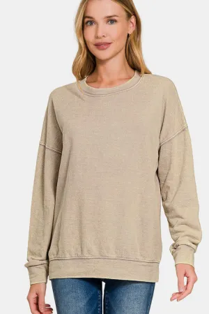 Khaki Round Neck Dropped Shoulder Sweatshirt