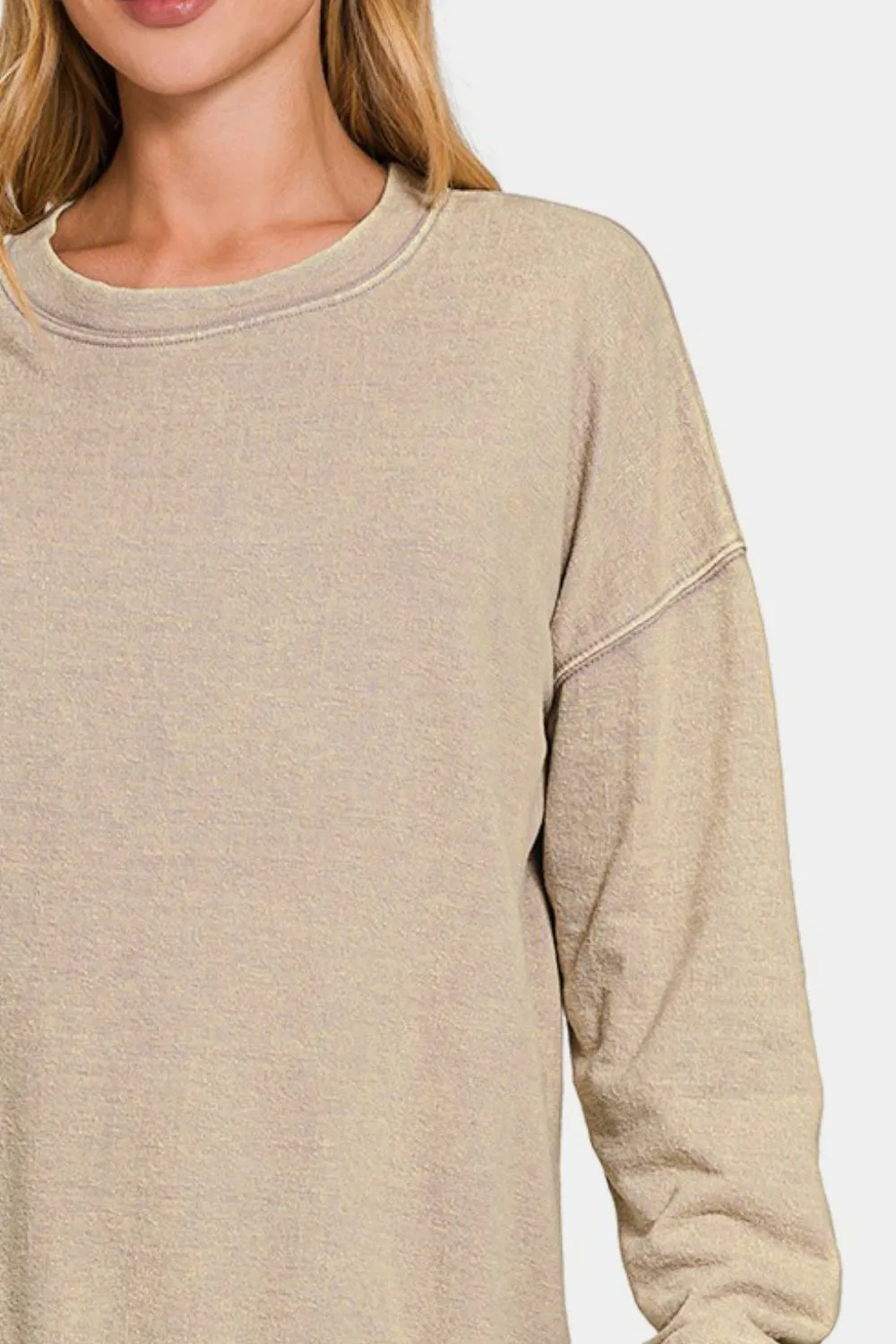 Khaki Round Neck Dropped Shoulder Sweatshirt