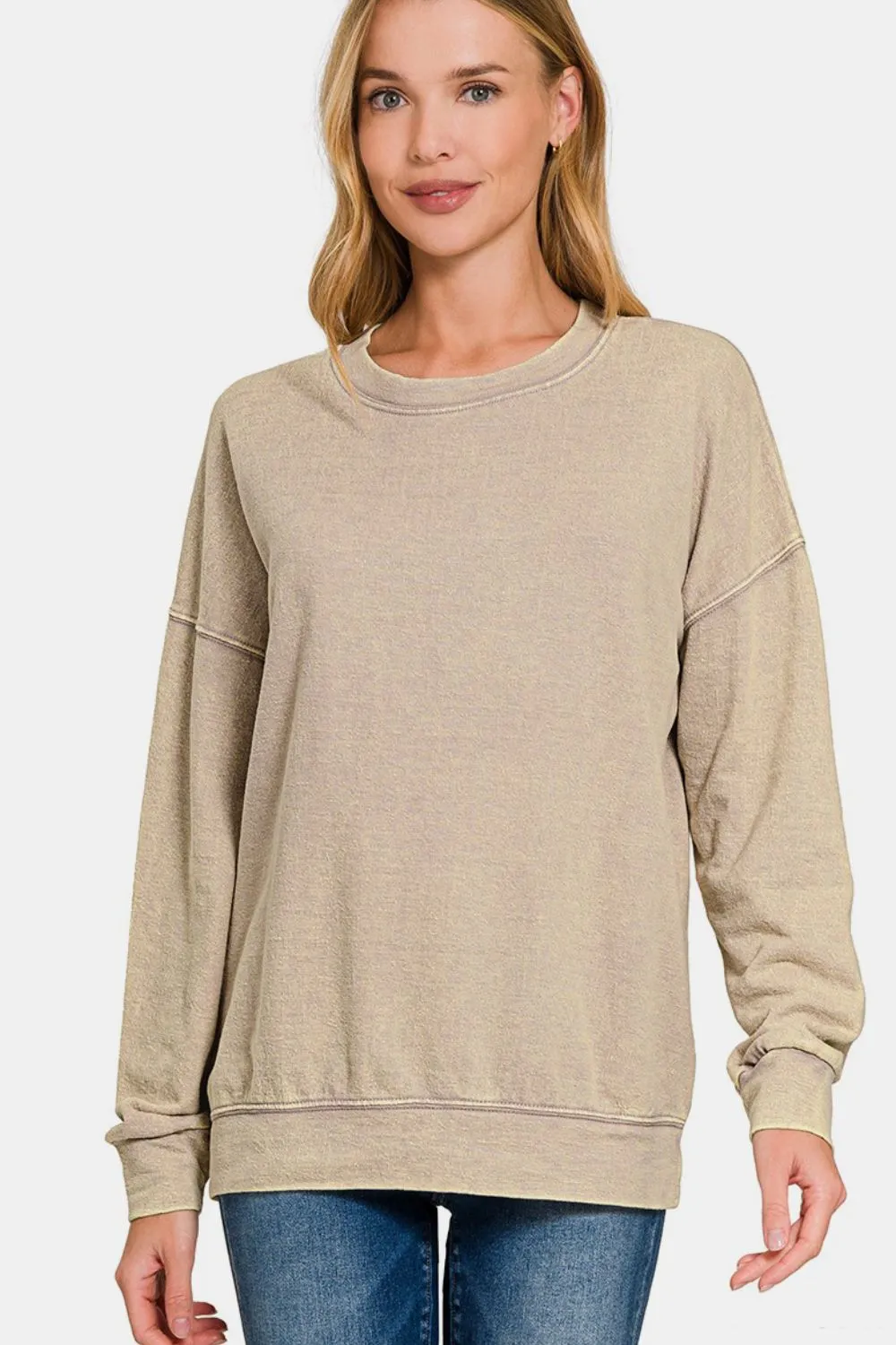 Khaki Round Neck Dropped Shoulder Sweatshirt