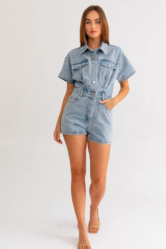LE LIS Short Sleeve Denim Romper