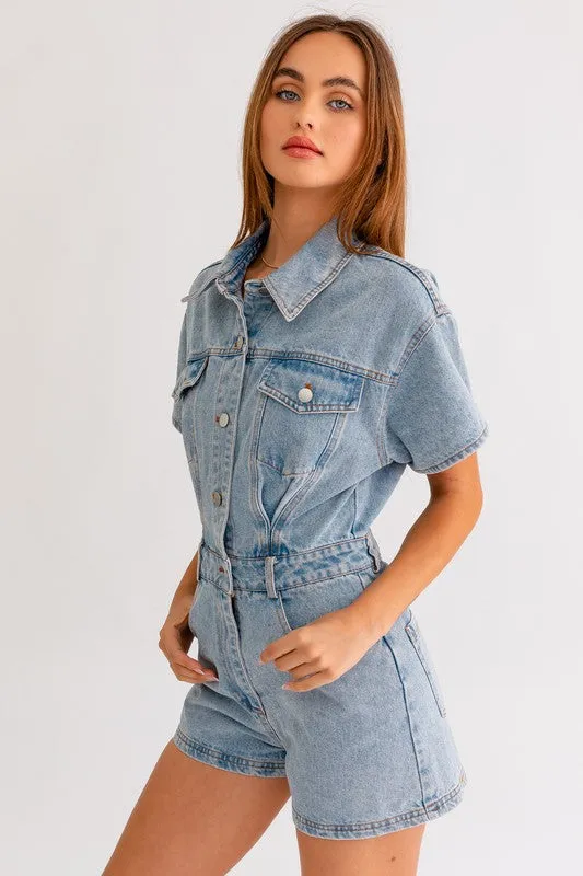 LE LIS Short Sleeve Denim Romper