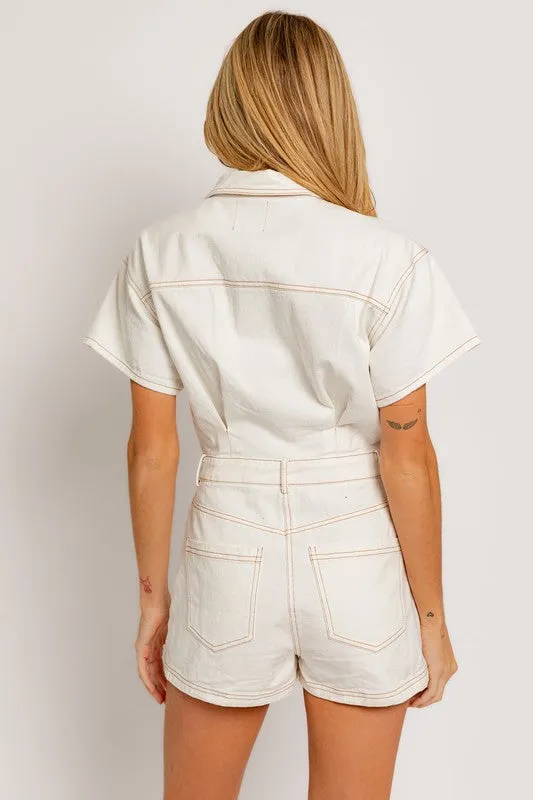 LE LIS Short Sleeve Denim Romper