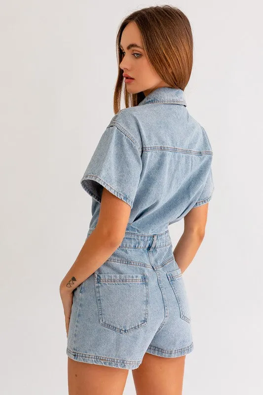 LE LIS Short Sleeve Denim Romper