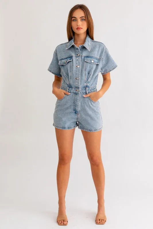 LE LIS Short Sleeve Denim Romper