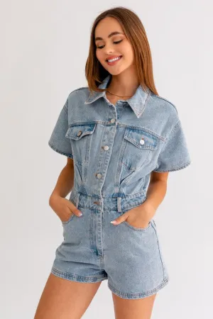 LE LIS Short Sleeve Denim Romper
