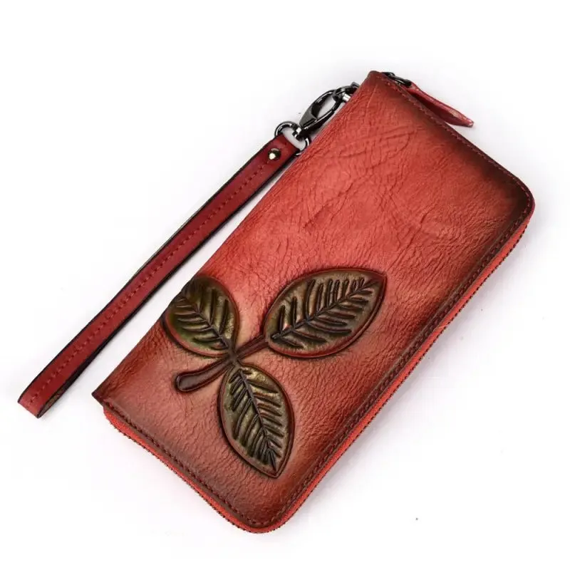 Long Retro Chain Wallet | Genuine Leather | Ample Internal Slots | Trendy Flower Pattern