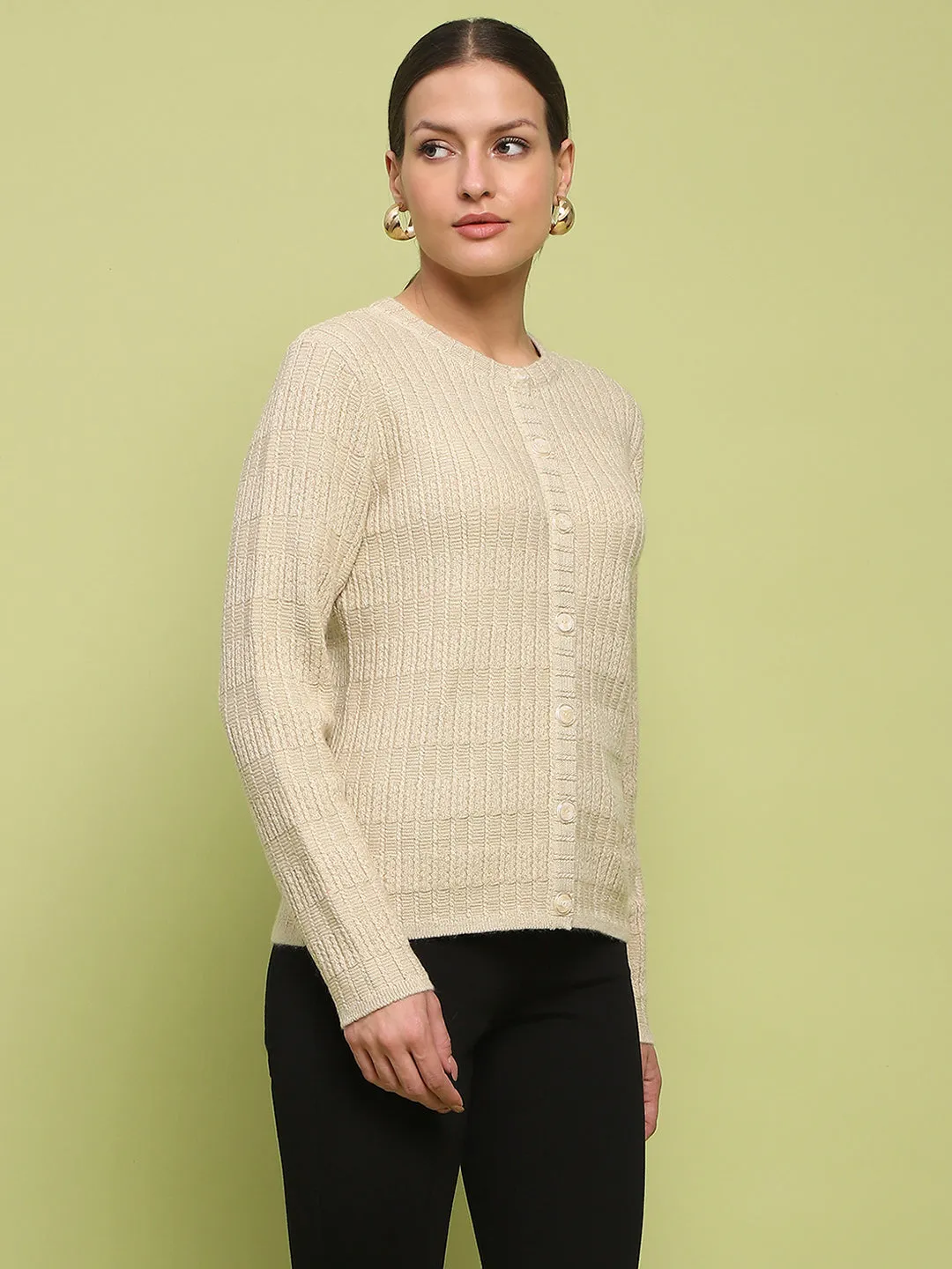 Madame Cable Knit Buttoned Beige Cardigan