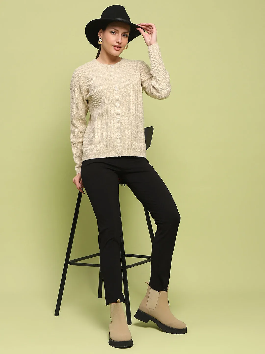 Madame Cable Knit Buttoned Beige Cardigan