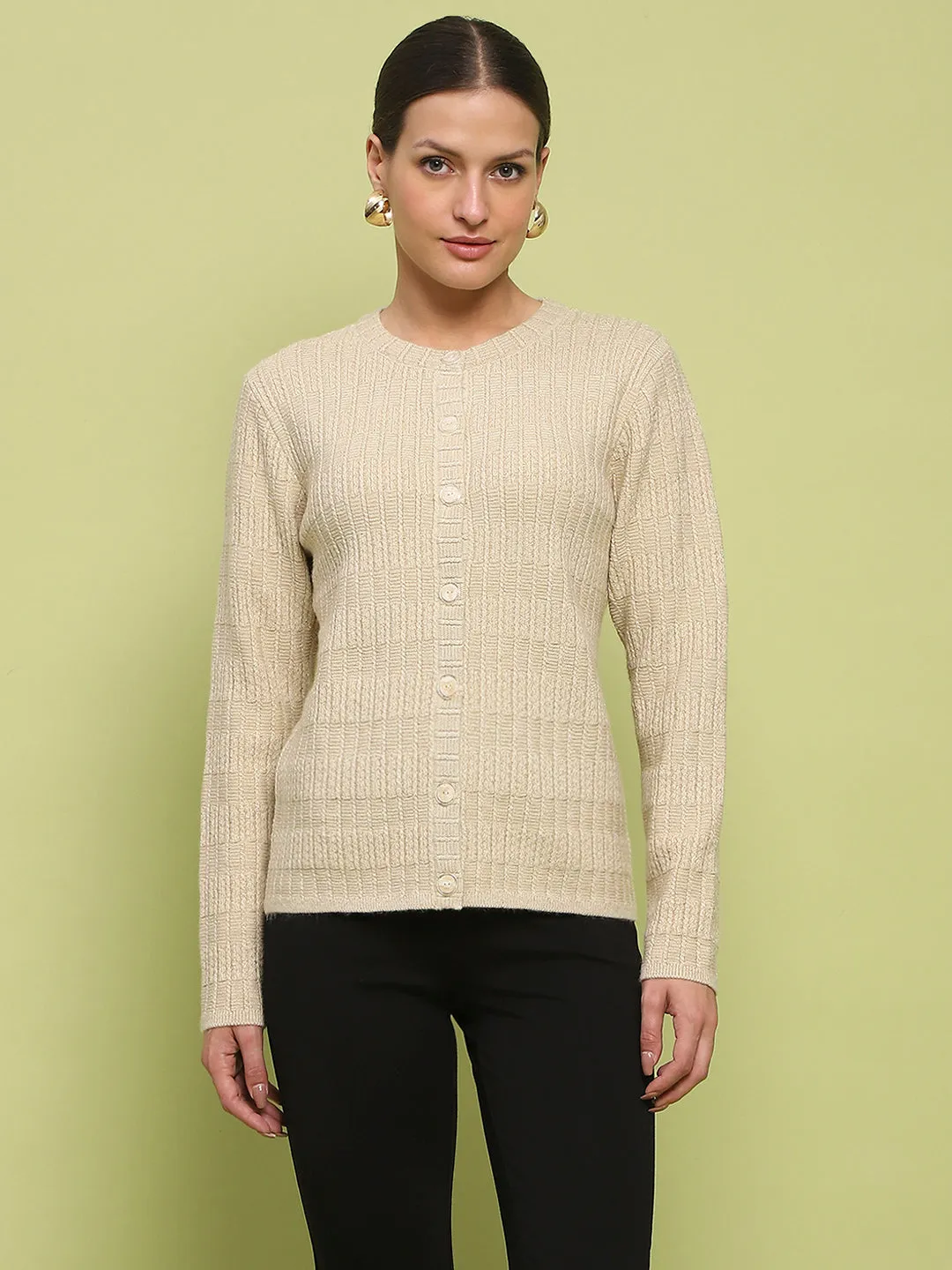 Madame Cable Knit Buttoned Beige Cardigan