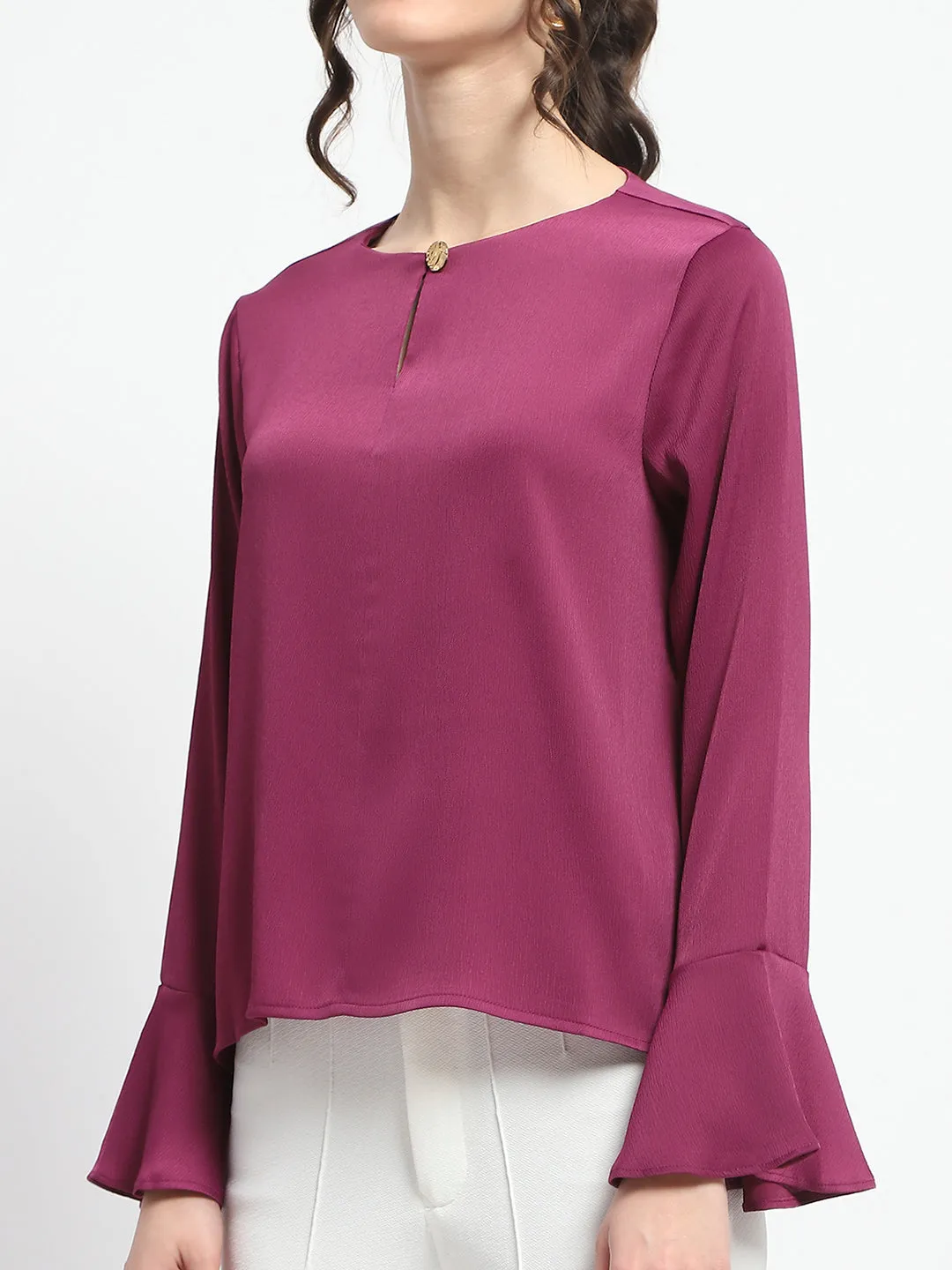 Madame Solid Plum Ruffle Sleeve Satin Top