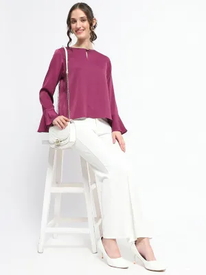Madame Solid Plum Ruffle Sleeve Satin Top