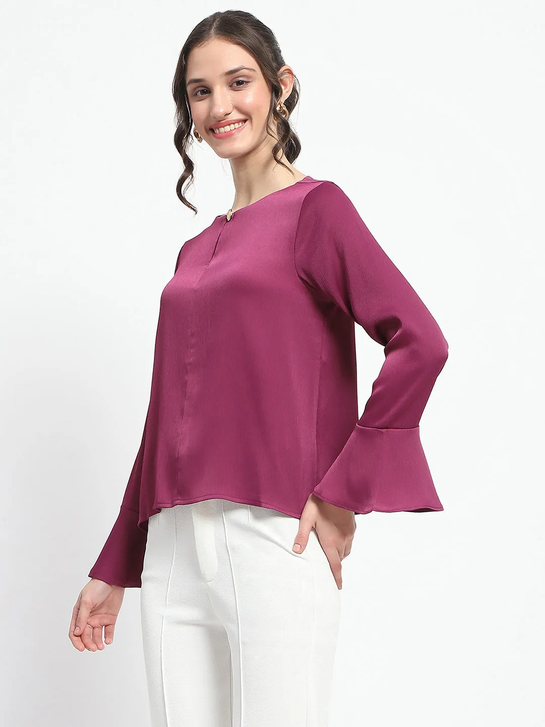 Madame Solid Plum Ruffle Sleeve Satin Top