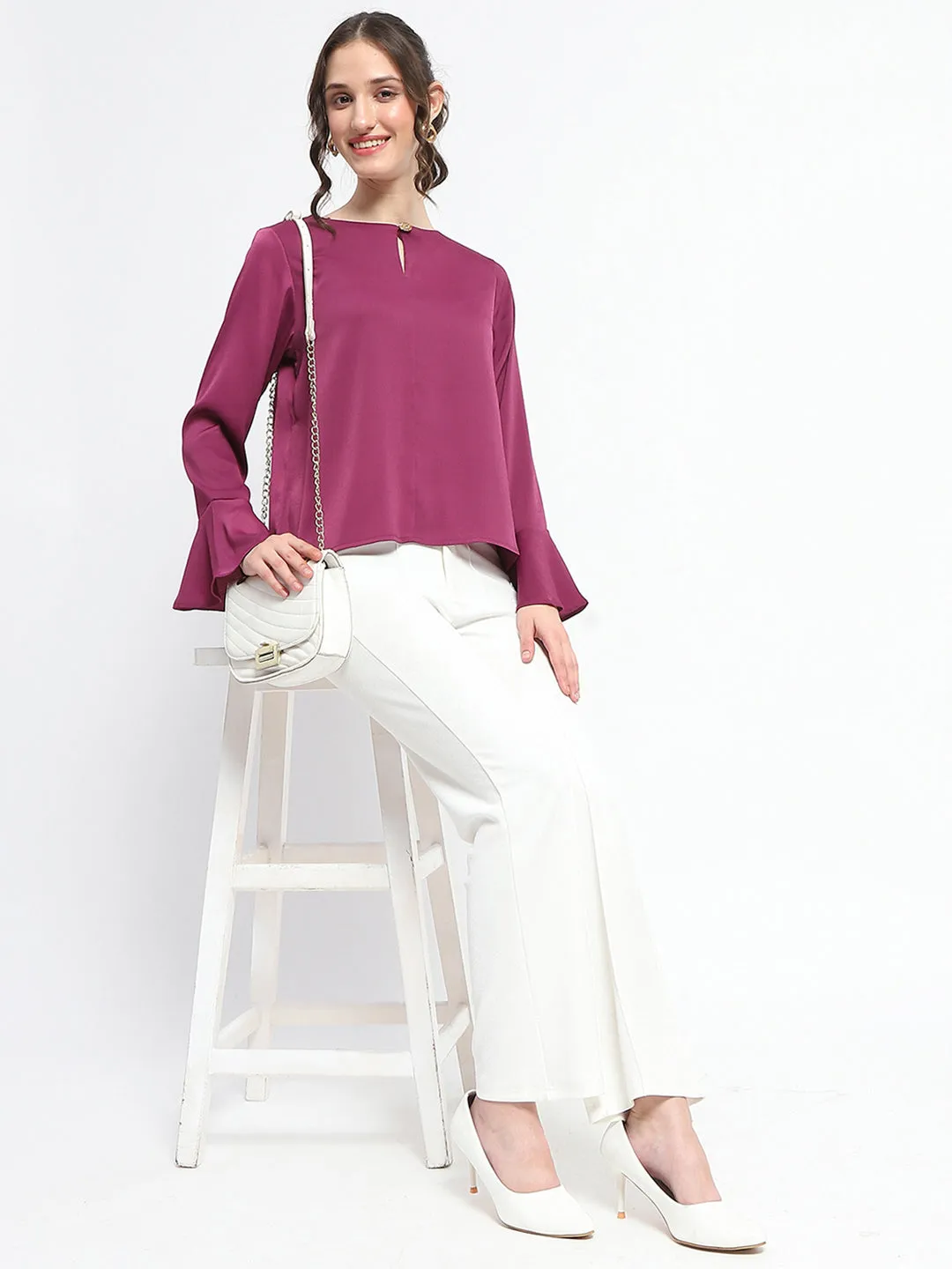 Madame Solid Plum Ruffle Sleeve Satin Top