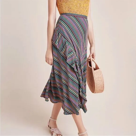 Maeve Anthropologie Eliora Asymmetric Midi Skirt Sz 6 NWT Ruffled Rainbow Y2K