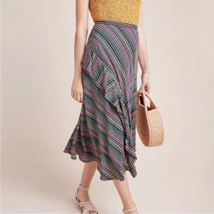 Maeve Anthropologie Eliora Asymmetric Midi Skirt Sz 6 NWT Ruffled Rainbow Y2K