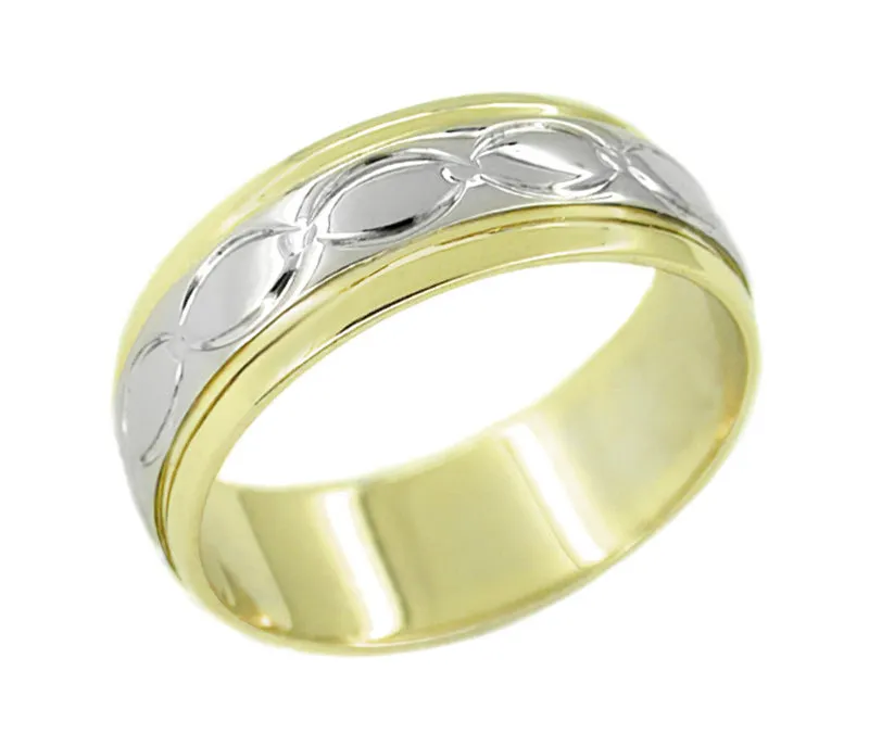 Men's Antique Eternity Ovals Wedding Band Ring in 14 Karat Yellow and White Gold
