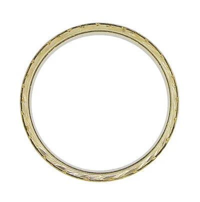 Mens Hand Engraved Mid Century Vintage Wedding Band in 14 Karat Yellow and White Gold | Ring Size 10