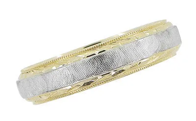 Mens Hand Engraved Mid Century Vintage Wedding Band in 14 Karat Yellow and White Gold | Ring Size 10