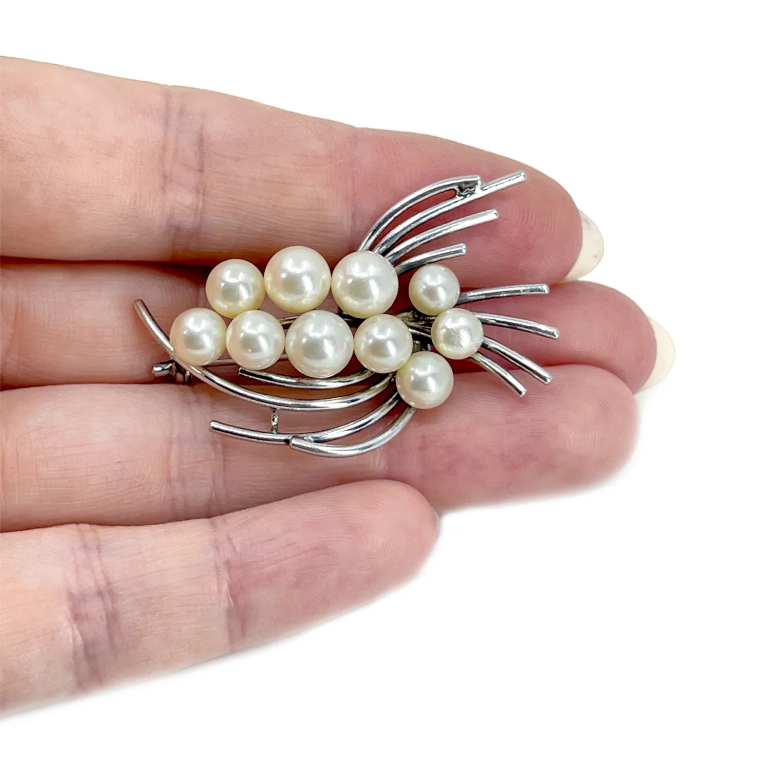 Mid Century Cluster Japanese Saltwater Akoya Vintage Cultured Pearl Brooch- Sterling Silver