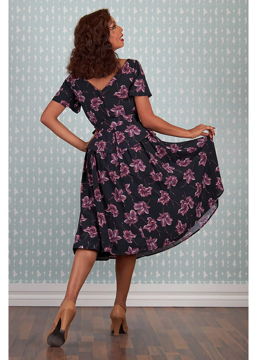 Miss Candyfloss Diana Lou Floral 40's Swing Dress Black Purple