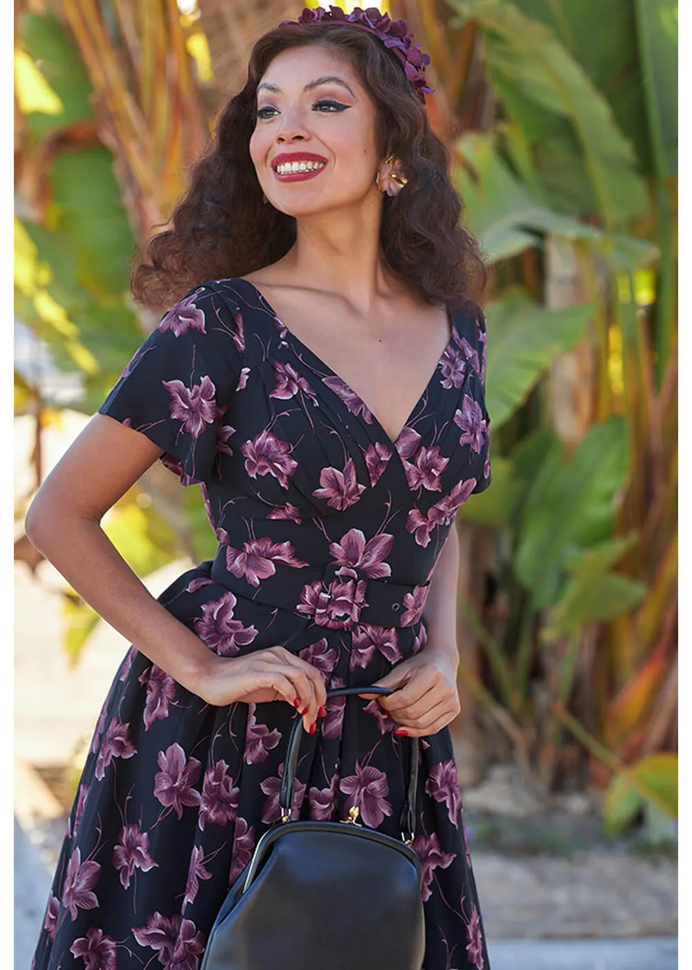 Miss Candyfloss Diana Lou Floral 40's Swing Dress Black Purple