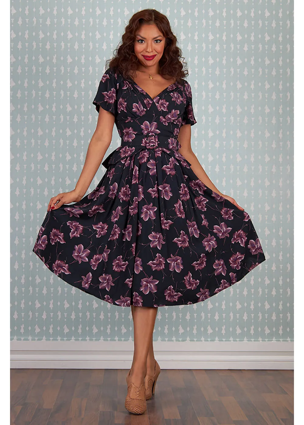 Miss Candyfloss Diana Lou Floral 40's Swing Dress Black Purple