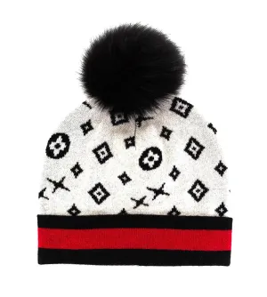 Mitchie's Matchings | Monogram Pattern Beanie with Fox Fur Pom