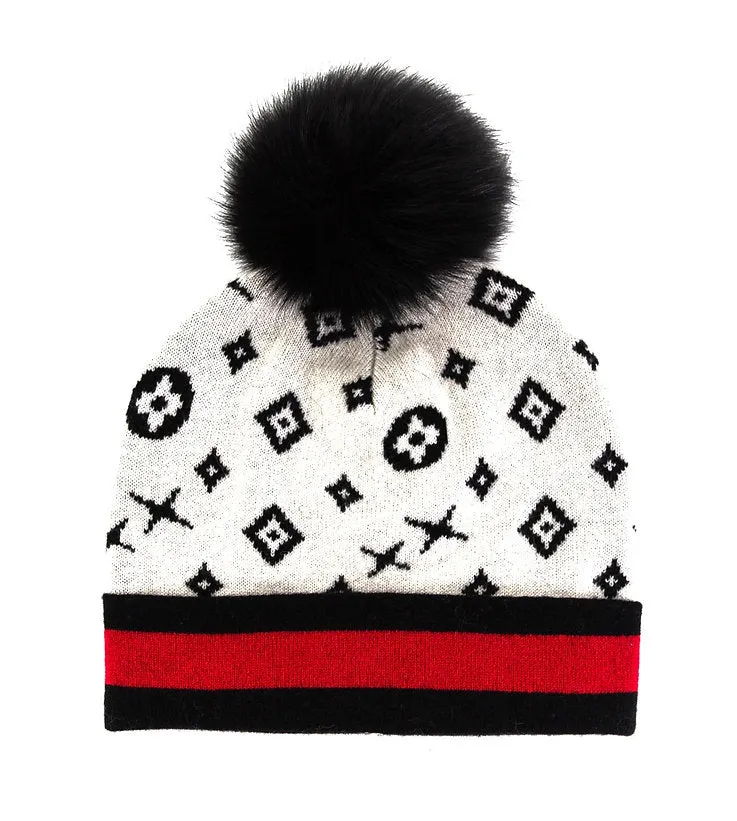 Mitchie's Matchings | Monogram Pattern Beanie with Fox Fur Pom