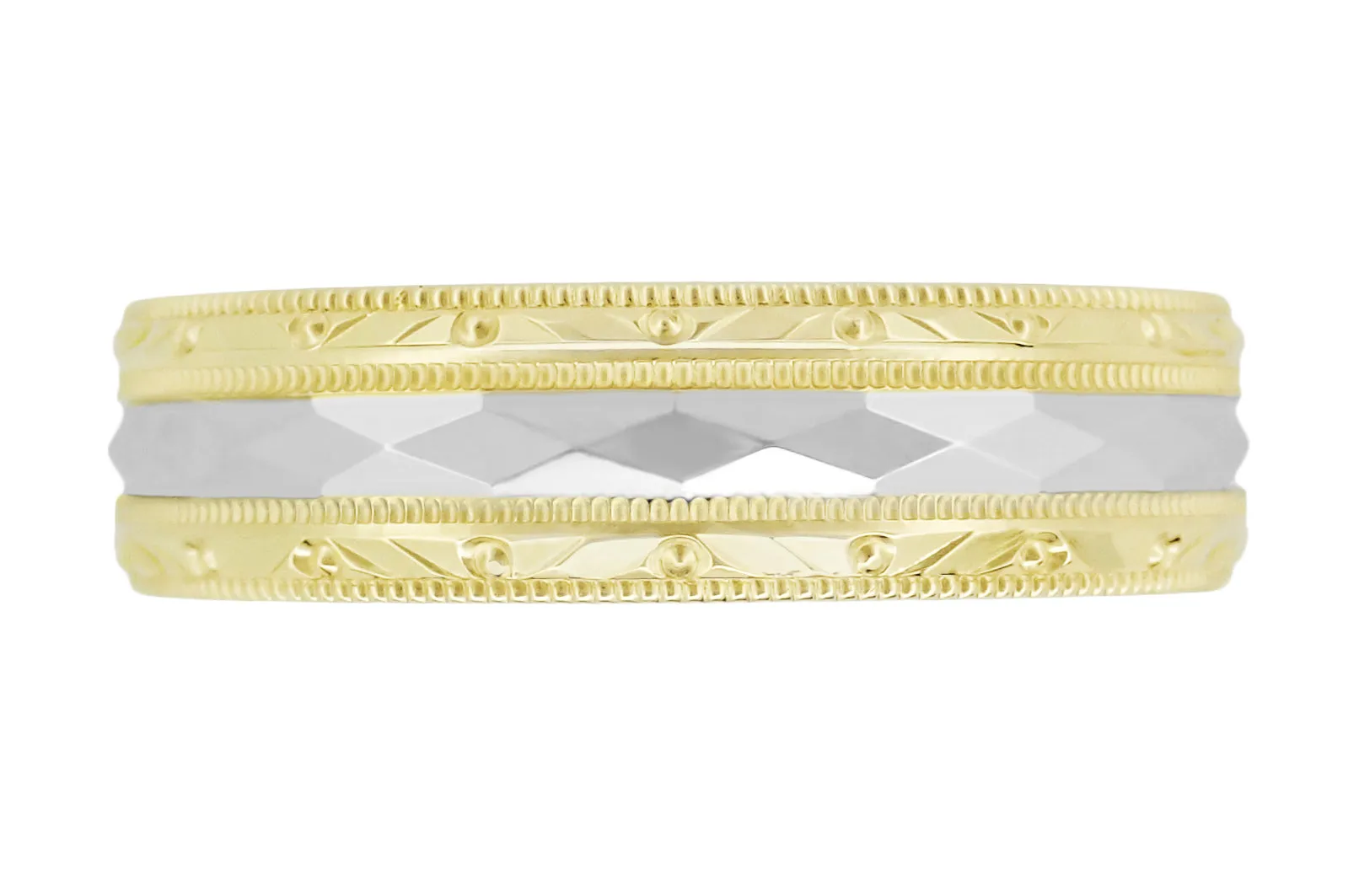 Mixed Metals 1950's Retro Sculptural Kaleidoscope Vintage Style Wide Wedding Band in 14K Yellow and White Gold