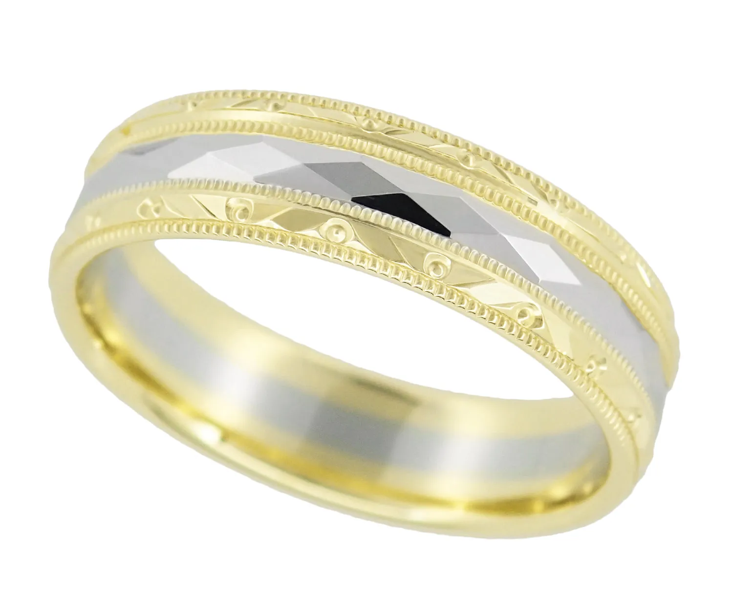 Mixed Metals 1950's Retro Sculptural Kaleidoscope Vintage Style Wide Wedding Band in 14K Yellow and White Gold