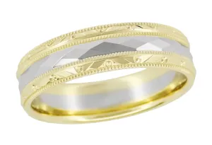 Mixed Metals 1950's Retro Sculptural Kaleidoscope Vintage Style Wide Wedding Band in 14K Yellow and White Gold