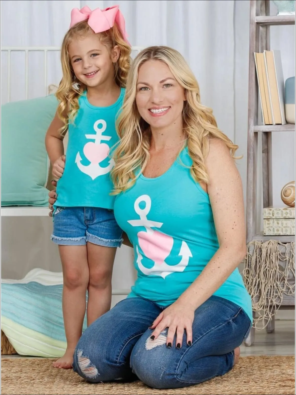 Mommy and Me Back Bow Anchor and Heart Tank