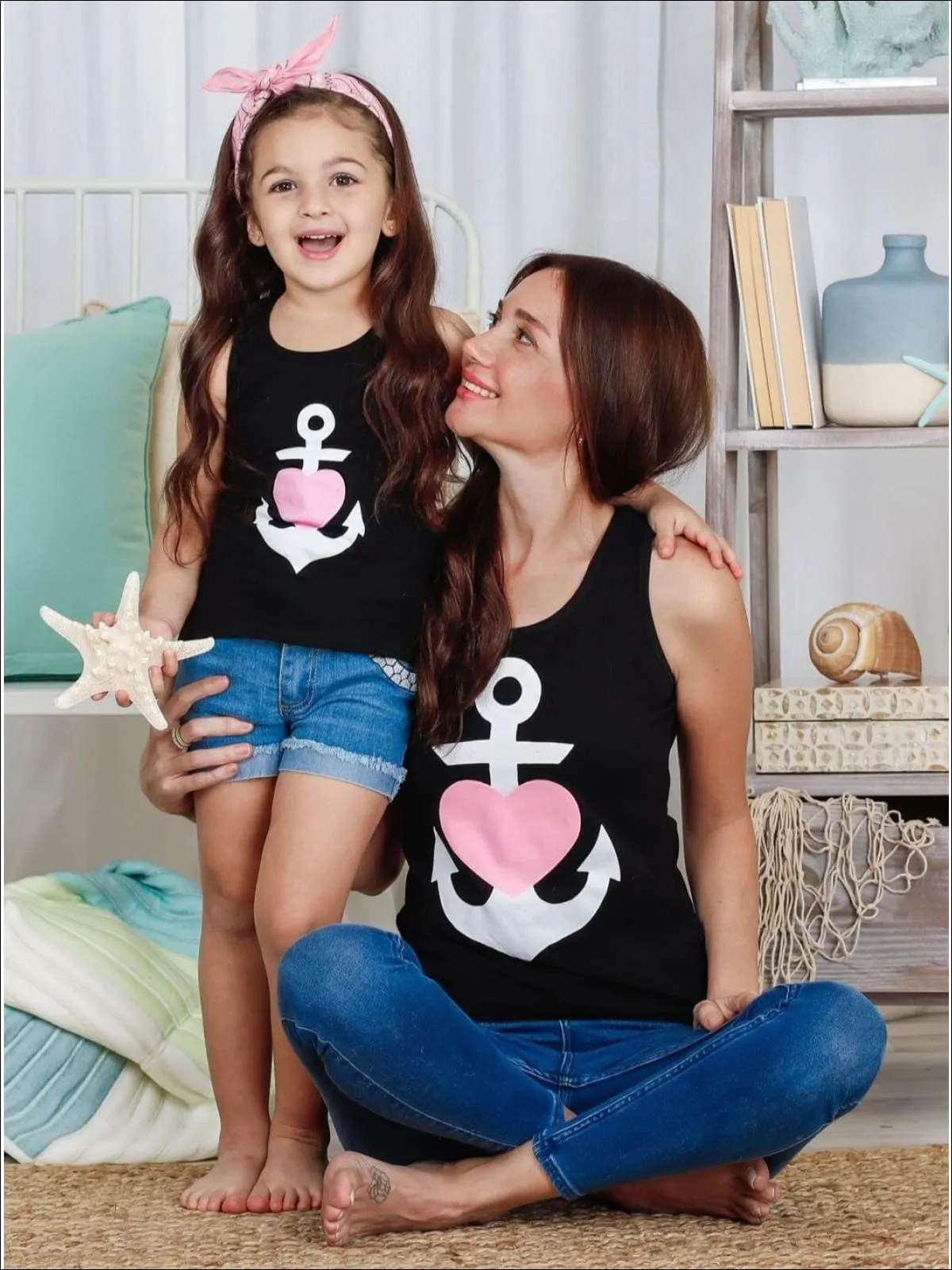 Mommy and Me Back Bow Anchor and Heart Tank