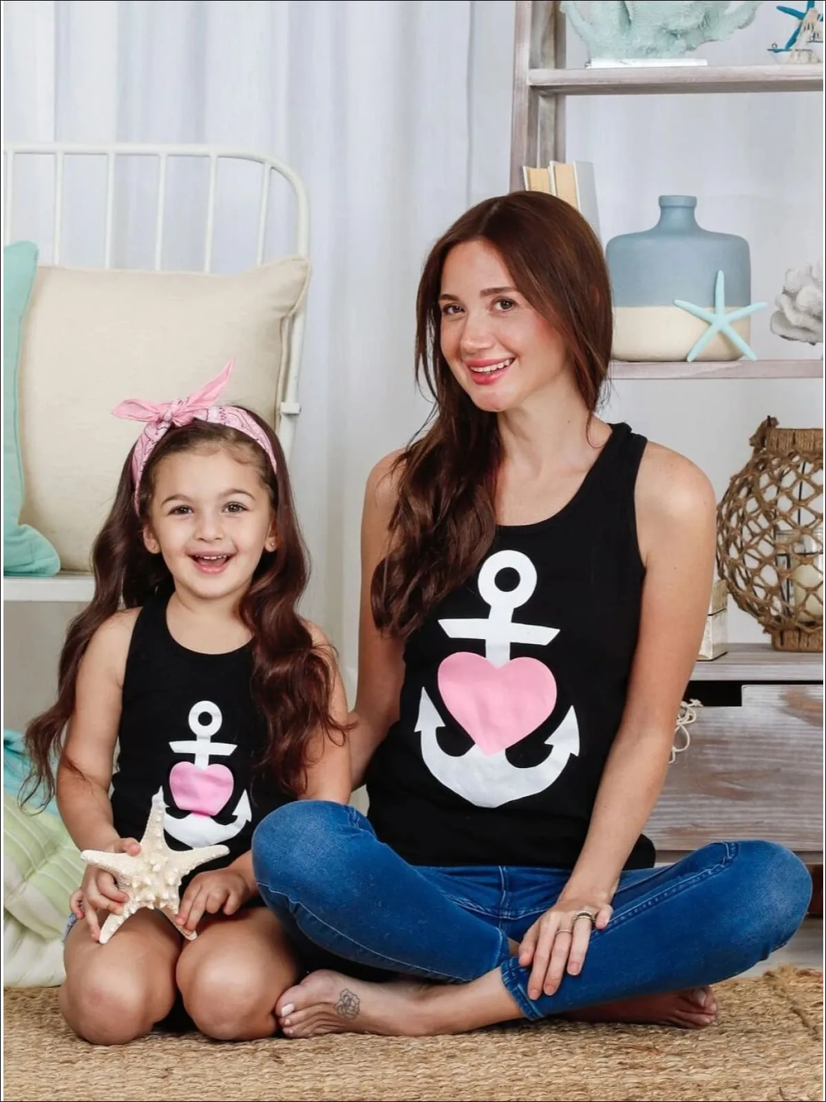 Mommy and Me Back Bow Anchor and Heart Tank