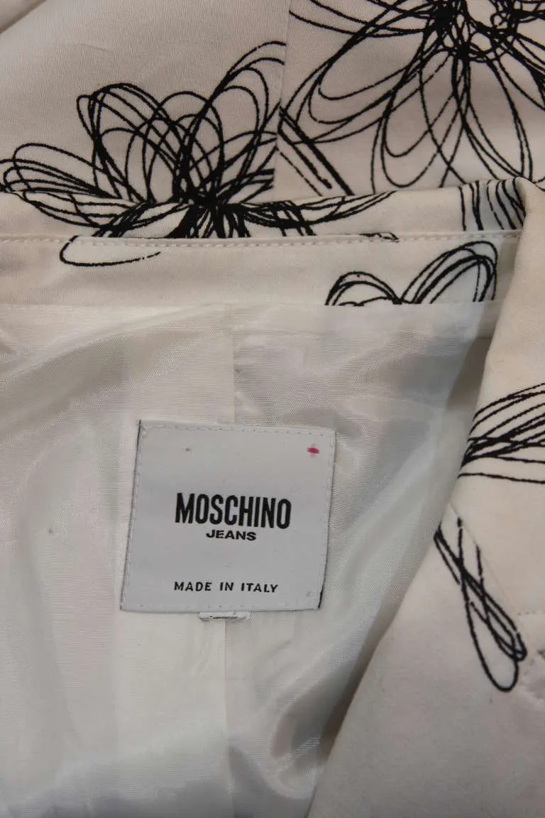 MOSCHINO White with Black Floral Sketch Single Button Blazer