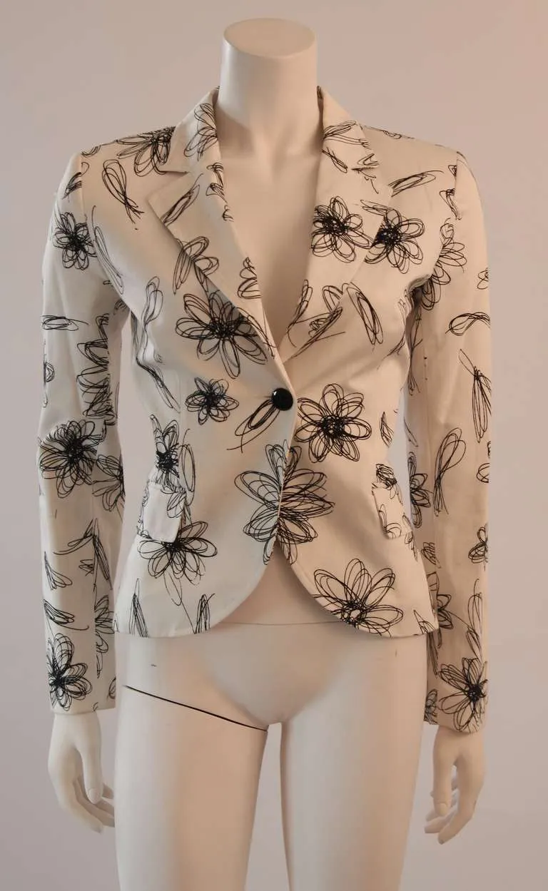 MOSCHINO White with Black Floral Sketch Single Button Blazer