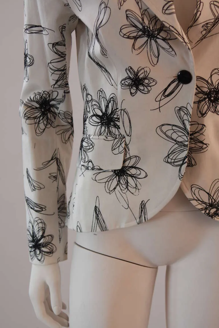 MOSCHINO White with Black Floral Sketch Single Button Blazer