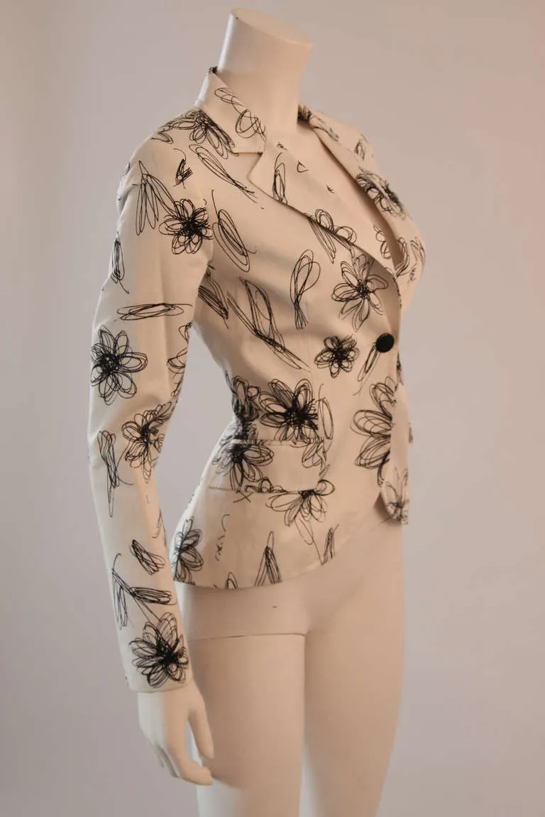 MOSCHINO White with Black Floral Sketch Single Button Blazer
