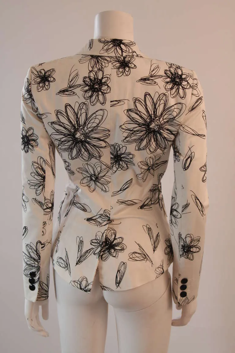 MOSCHINO White with Black Floral Sketch Single Button Blazer