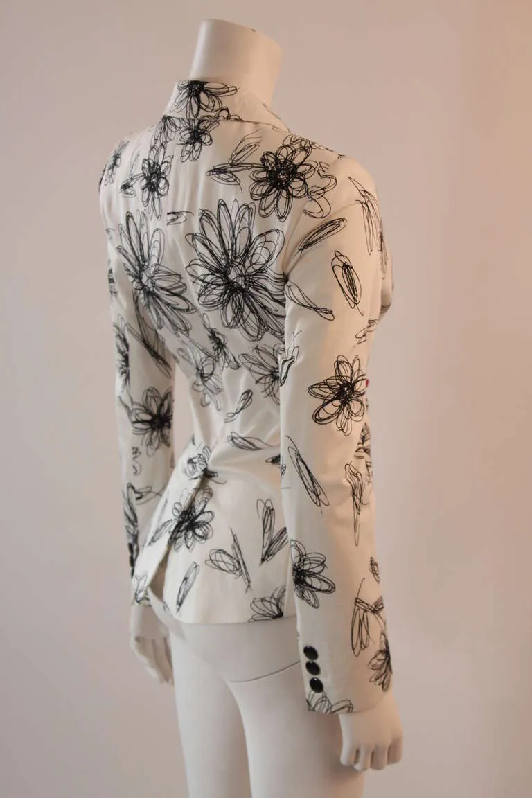 MOSCHINO White with Black Floral Sketch Single Button Blazer