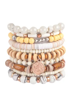 MULTI BEADS STONE, FIMO, DISK PENDANT LAYERED STACKABLE VERSATILE CHARM BRACELET
