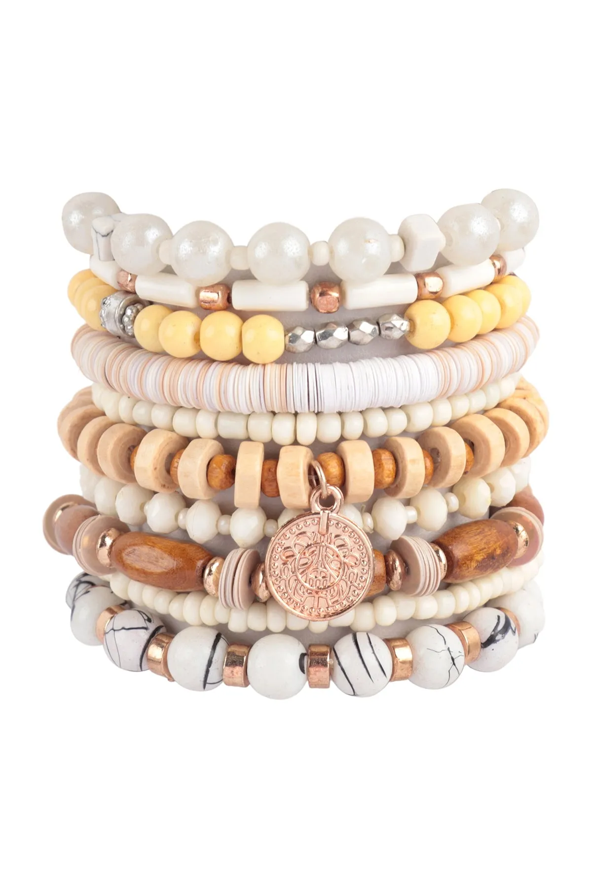 MULTI BEADS STONE, FIMO, DISK PENDANT LAYERED STACKABLE VERSATILE CHARM BRACELET