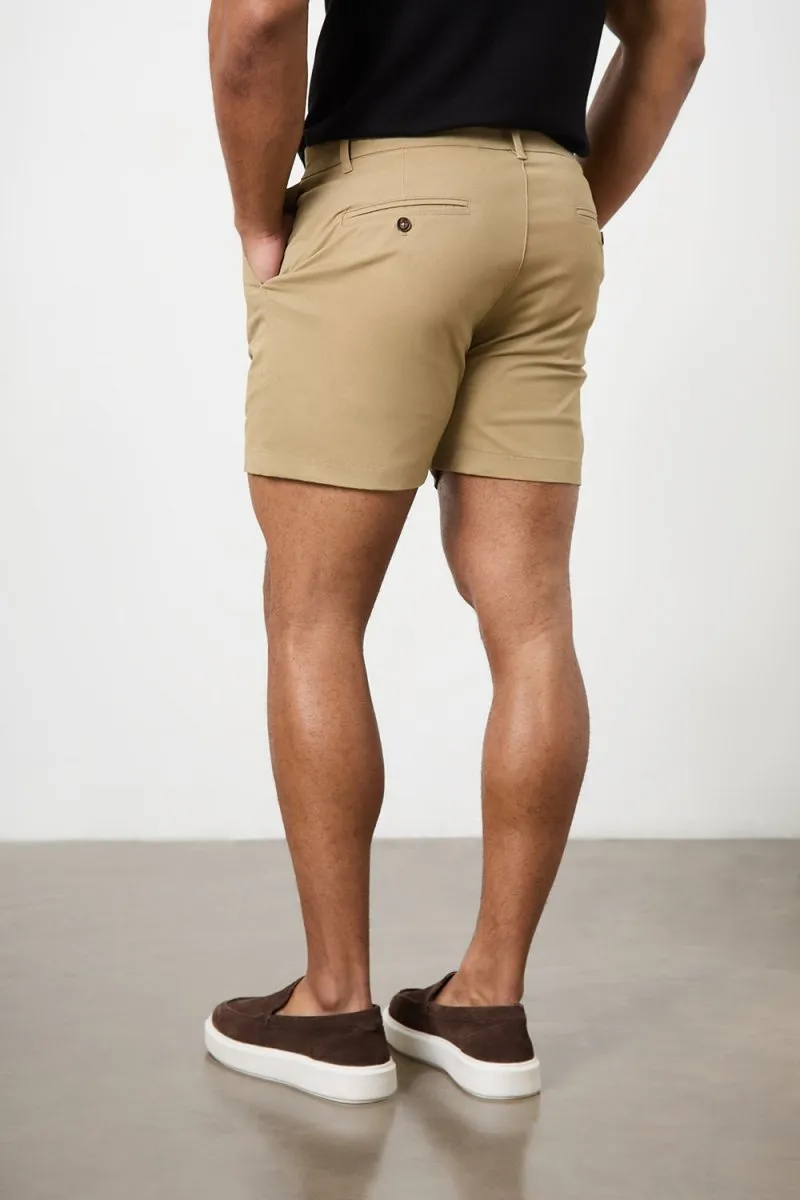 Muscle Fit Chino Shorts  - Shorter Length in Dark Sand