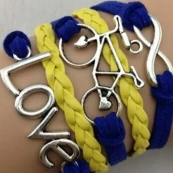 Navy Blue, Yellow, Love, Infinity, Bicycle, Silver Friendship Bracelet