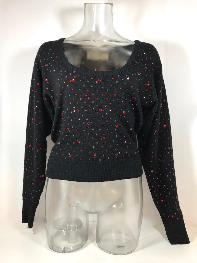 NEIMAN MARCUS Black Long Sleeve Knit Sweater w/ Red Rhinestones
