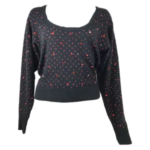 NEIMAN MARCUS Black Long Sleeve Knit Sweater w/ Red Rhinestones