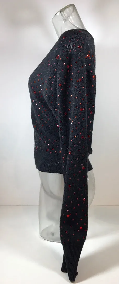 NEIMAN MARCUS Black Long Sleeve Knit Sweater w/ Red Rhinestones