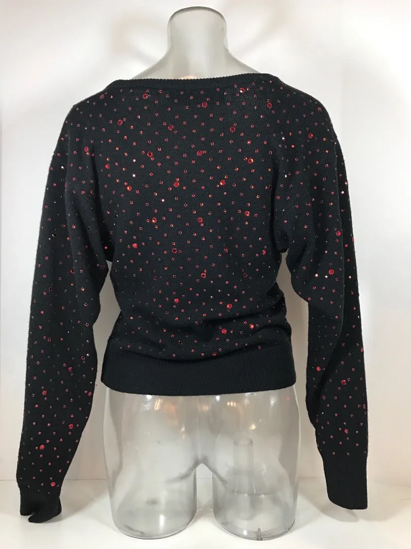 NEIMAN MARCUS Black Long Sleeve Knit Sweater w/ Red Rhinestones