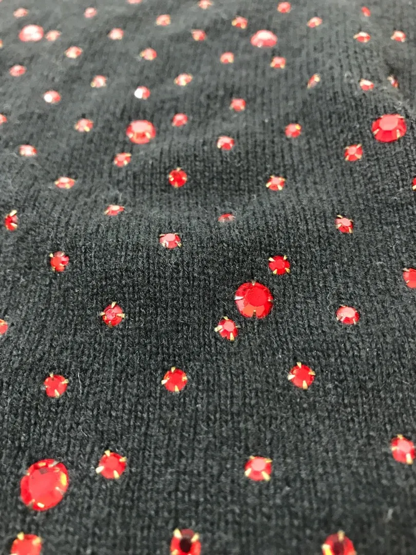 NEIMAN MARCUS Black Long Sleeve Knit Sweater w/ Red Rhinestones